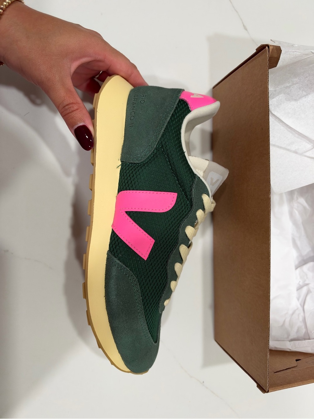 Veja Women’s Dark Green Runner with Pink V Logo and Cream Sole